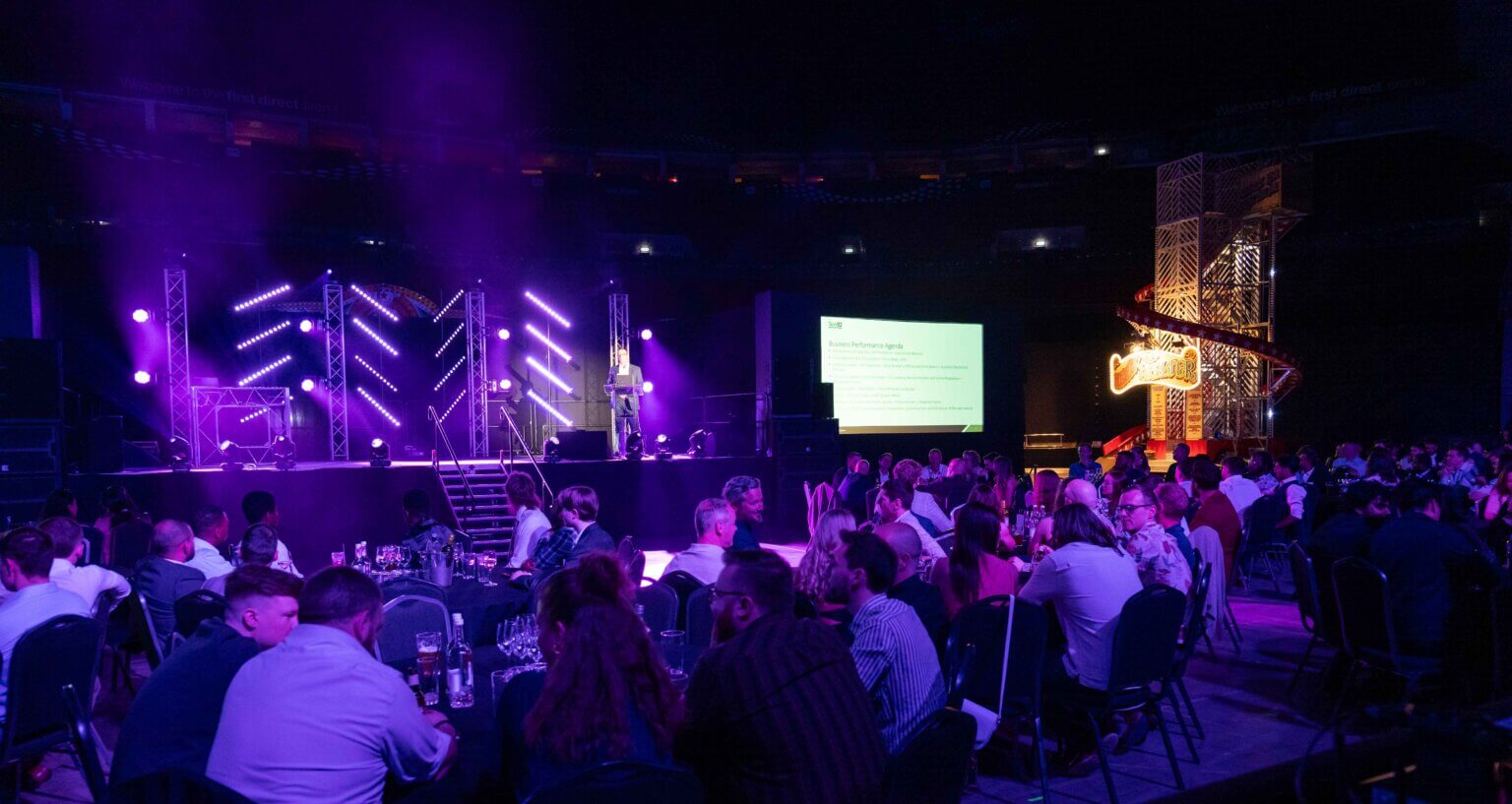 Ten10 event at First Direct Arena with staging, lighting, and AV production by AYRE Event Solutions.